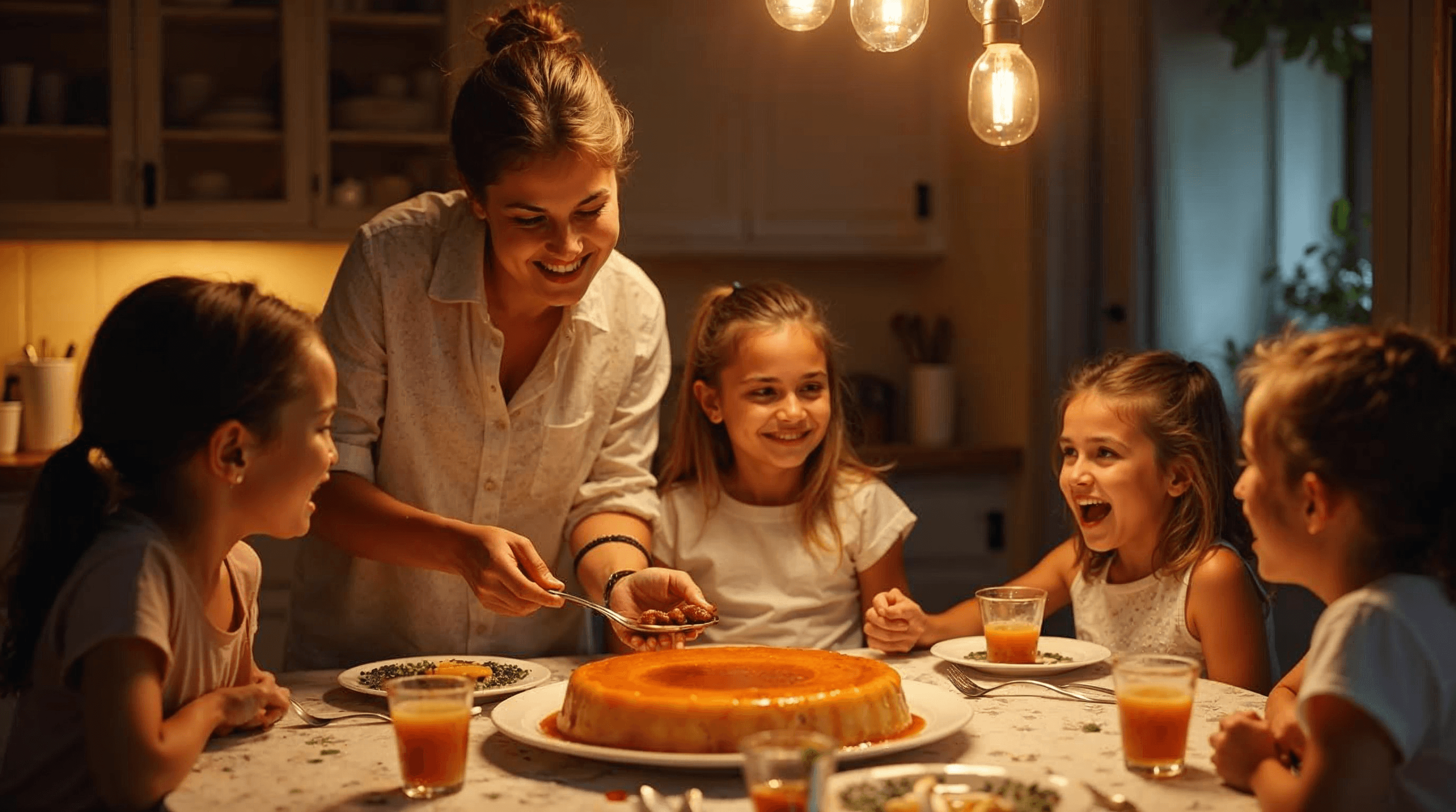 Familia compartiendo flan